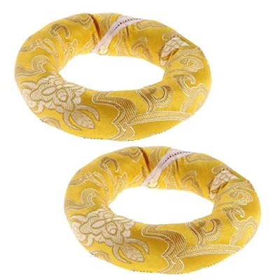 Afbeelding van 2x Handgemaakte zijde brokaat ronde Tibetaanse klankschaal kussen ring 10cm
