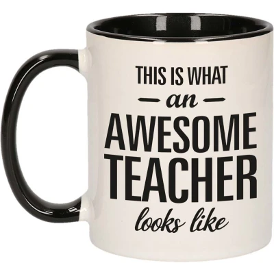 Afbeelding van Awesome teacher / Geweldige leerkracht mok beker zwart wit 300 ml Cadeau mokken feest