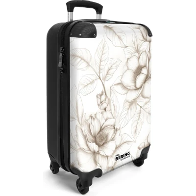 Afbeelding van NoBoringSuitcases.com® Handbagage koffer lichtgewicht Reiskoffer trolley Wit met beige bloemen Rolkoffer wieltjes Past binnen 55x40x20 en 55x35x25