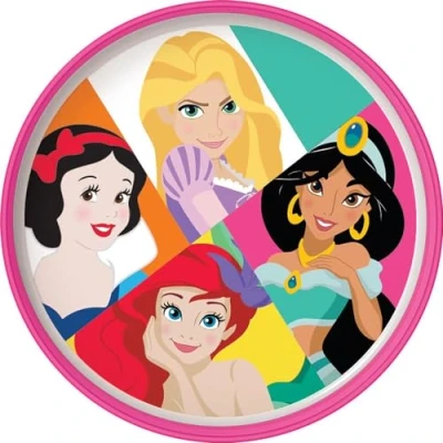 Afbeelding van Disney wit en roze plat bord voor meisjes in plastic Princesses Snow White Ariel Jasmin Rapunzel met antislipbodem