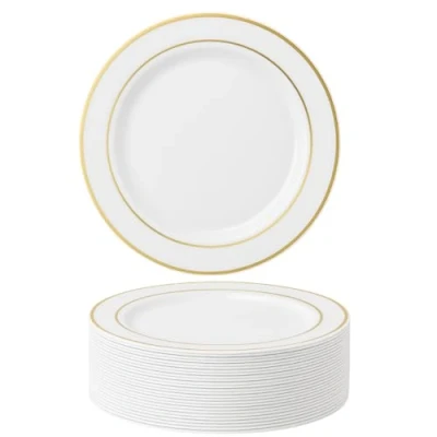 Afbeelding van MATANA 50 Premium Witte Plastic Borden, Kunststof Feestbordjes met Gouden Rand (26cm) Stevige en Herbruikbare Borden voor Feestjes, Bruiloften, Verjaardagen, Kerstmis