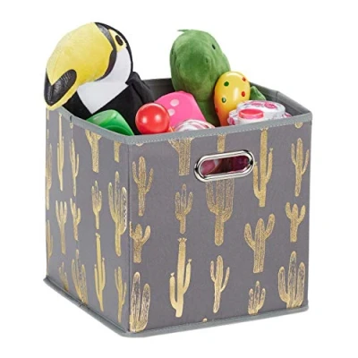 Afbeelding van Relaxdays Stoffen opbergmand cactus print grijs opbergdoos vierkant kunststof