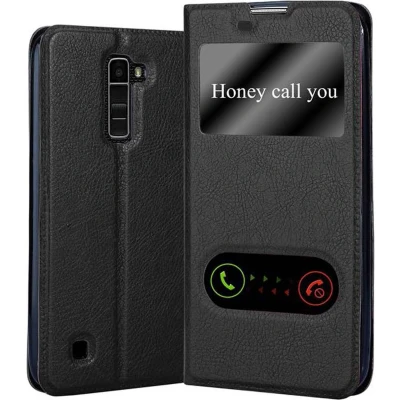 Afbeelding van Cadorabo Hoesje geschikt voor LG K10 2016 in KOMEET ZWART Beschermhoes met magnetische sluiting, standfunctie en 2 kijkvensters Book Case Cover Etui