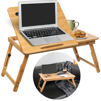 Afbeelding van Cheqo® Bamboe Laptoptafel Ontbijt op Bed Bedtafel Laptopstandaard Laptop Tafel Verstelbaar &amp; Ergonomisch Ideaal voor Bank Opvouwbaar Design Inclusief EBOOK