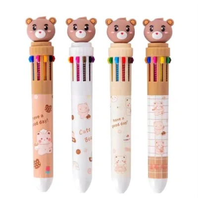 Afbeelding van meerkleurige pennen, balpen, intrekbare 4 stuks, 10 in 1 rollerbal, kleur, balpen voor kantoor, school, benodigdheden, studenten, kinderen, cadeau, schattige karikatuurbeer