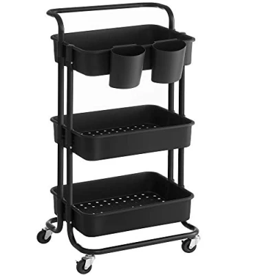 Afbeelding van SONGMICS Trolley, 3 niveaus, serveerwagen, keukenwagen met handvat, 2 kleine hangcompartimenten, remmen, kunststof opbergvakken, eenvoudig te monteren, slaapkamer, wasruimte, zwart BSC067B01