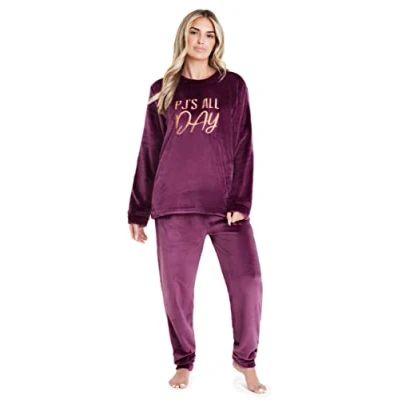 Afbeelding van CityComfort pyjama voor dames, lange fleece huispak, behaaglijk, magenta, M