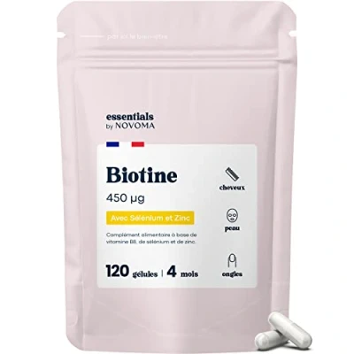 Afbeelding van Biotine met selenium en zink, versnelt de haargroei, 4 maanden kuur, 120 plantaardige capsules, voedingssupplement vitamine B8, gemaakt in Frankrijk, Essentials by Novoma