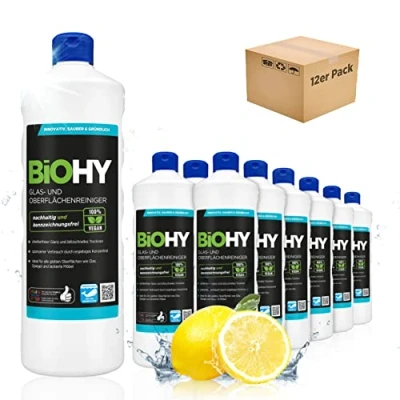 Afbeelding van BiOHY Glas en oppervlaktereiniger (12 x 1l Fles) Alcoholreinigerconcentraat Intensief &amp; duurzaam reinigingsmiddel voor verkoopautomaten (Oberflächenreiniger)