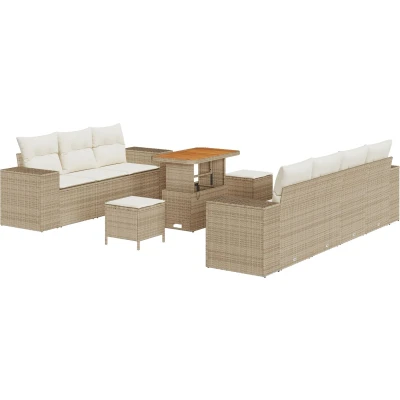 Afbeelding van vidaXL 10 delige tuinsofa set met kussens Beige Poly Rattan Acacia, 3 tuin eettafel Acacia