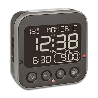 Afbeelding van TFA Dostmann Bingo 2.0 Radiogestuurd Wekker, 60.2552.01, Digitaal, Met Temperatuur, 2 Alarmen, Datum En Werkdag, Zwart, (L) 95 x (B) 41 (H) 96 mm