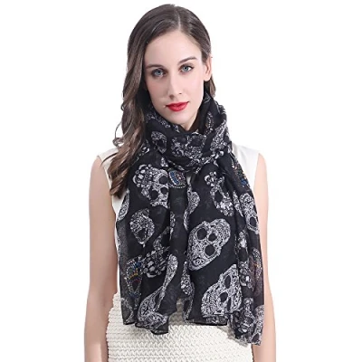 Afbeelding van Lina &amp; Lily Candy Skull Print Dames Sjaal Wrap Lichtgewicht, Zwart, 180 X 90 cm