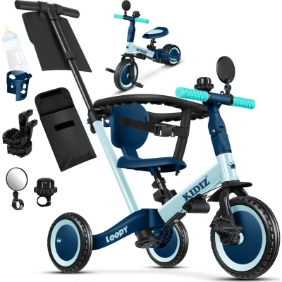 Afbeelding van Kidiz® Loopfiets, 6 in 1, driewieler, van 1 tot 5 jaar, loophulp, belastbaar 25 kg, met stuurstang, veiligheidsbeugel, veiligheidsgordel, bel en spiegel, blauw