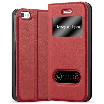 Afbeelding van Cadorabo Hoesje geschikt voor Apple iPhone 5 / 5S SE 2016 in SAFRAN ROOD Beschermhoes met magnetische sluiting, standfunctie en 2 kijkvensters Book Case Cover Etui