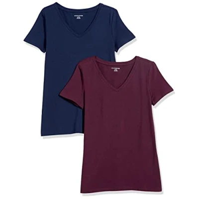 Afbeelding van Amazon Essentials Women&#039;s T shirt met korte mouwen en V hals in klassieke pasvorm, Pack of 2, Bordeauxrood/Marineblauw, XS
