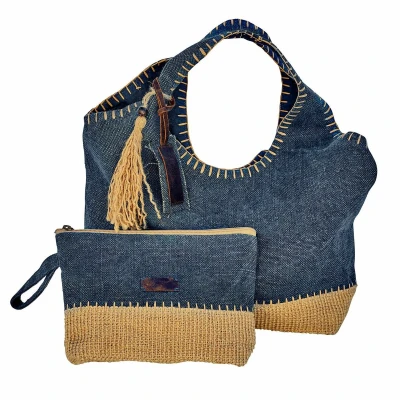 Afbeelding van LOBERON Tas set van 2 Cacula blauw/crème