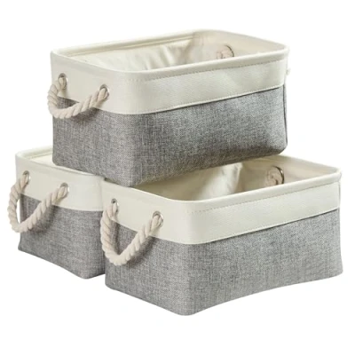 Afbeelding van Mangata Grote opbergdoos set van 3, canvas stoffen opbergmanden met handgrepen voor kasten, kledingkast, planken, badkamer, kleding, speelgoed, handdoek (opvouwbaar, grijs wit)