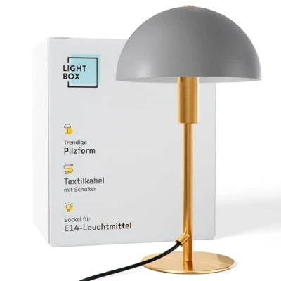 Afbeelding van Lightbox Pilz Tischlampe 36 cm Höhe, Ø 20 Tischleuchte mit Wipp Schalter glamouröse LED Lampe als Nachttischlampe für das Schlafzimmer E14 aus Metall in Goldfarben/Matt Taupe/Grau