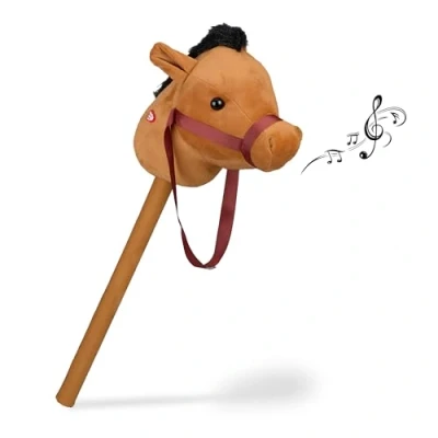 Afbeelding van Relaxdays stokpaard met geluid pluche en kunststof 68 cm hoofdstel lichtbruin