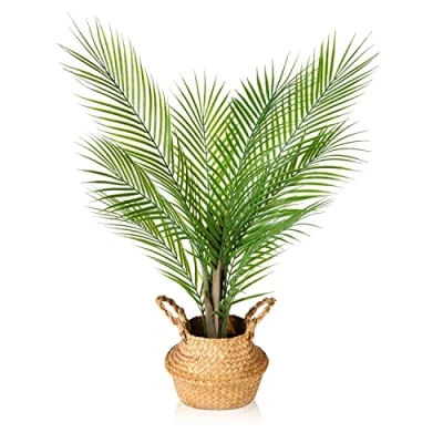 Afbeelding van Kazeila Grote kunstplanten in pot 80 cm kunstmatige palmboom met geweven zeegras buikmand nepplanten binnenshuis Areca voor thuis woonkamer decor (1 stuks)