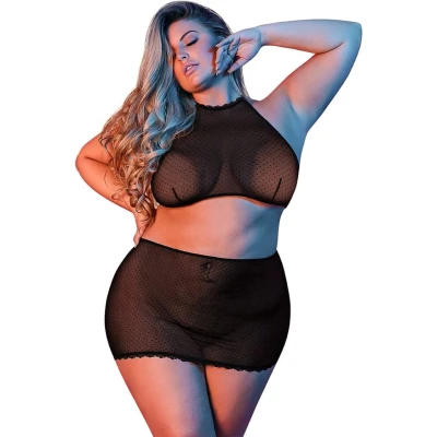Afbeelding van Polka Dot Mesh Halter and Skirt Set 2X Black