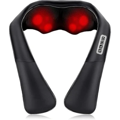 Afbeelding van FISHTEC Nekmassageapparaat Schouder en rugmassageapparaat Verwarmd elektrisch massageapparaat Massage met Shiatsu rollen 3 instelbare snelheden Leer Grijs