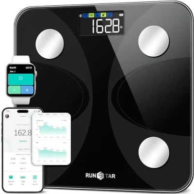 Afbeelding van RunSTAR Personenweegschaal voor gewicht en vetmassa, hoge precisie met groot display, verbonden weegschaal app, 13 lichaamsgegevens, gewicht, max. 180 kg, zwart