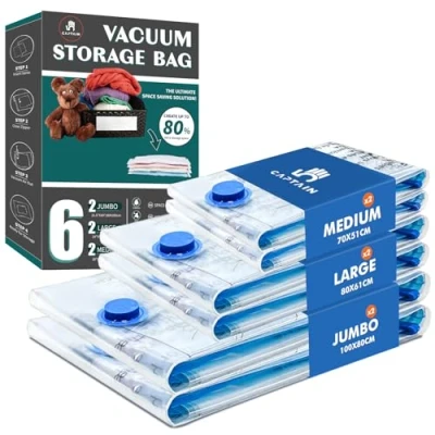 Afbeelding van CaptainFive vacuümzakken voor kleding, dekbedden, 6 stuks, in 3 maten (2 x 100 80 cm + 2 60 70 50 cm) reizen, beddengoed, kussen kleding