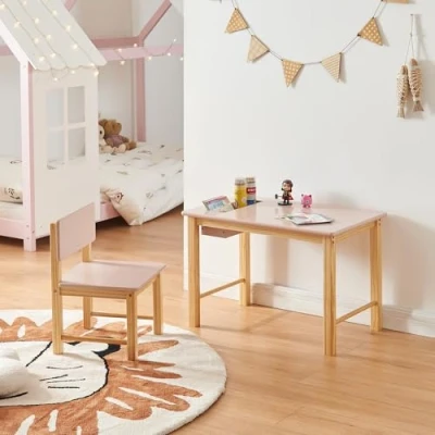 Afbeelding van Kindertafel met kinderstoel Skjåk naturel en roze [en.casa]