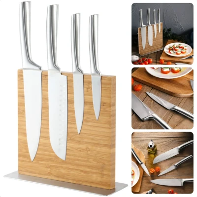 Afbeelding van Cheqo® 5 delige Messenset met Houten Blok Messenblok RVS &amp; Bamboe Chefmes Santoku Schilmes Magneetblok Ergonomisch Handvat