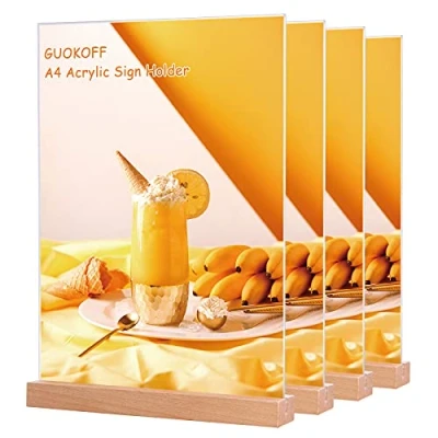 Afbeelding van GUOKOFF Acryl Sign Houder A4, 4 Pack Teken Houder, T vorm Acrylic Holder, Poster Menu Plastic Display Stands, Wooden Base Holder