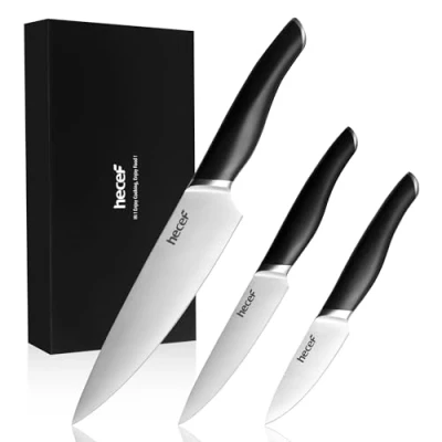 Afbeelding van hecef Messenset van 3, inclusief 8&quot; Chef, 5&quot; Utility, 3,5 inch paring mes, 3 stuks zilvermessen set met comfortabele handgreep, zwarte ABS handvat messen premium roestvrij stalen mesmessen