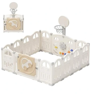 Afbeelding van UBRAVOO Opvouwbare babybox met mini basketbalring en 50 stuks gekleurde pitballen, autothema box voor baby&#039;s peuters, groot leuk indoor activiteitencentrum, EDP001 (14 panelen, melkwit)