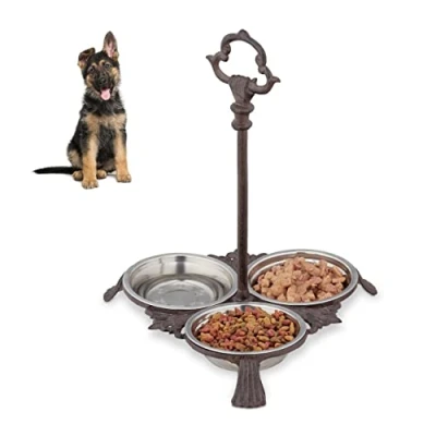 Afbeelding van Relaxdays voerbak hond met standaard gietijzer hondenvoerbak 3 eetbakjes van rvs