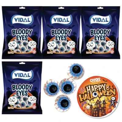 Afbeelding van OYOY Halloween oogsnoepset, 4 x 90 g, snoep, fruitgum, bloedige ogen, plus griezelige stickers
