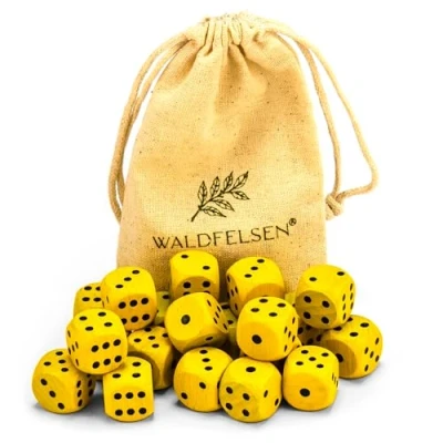 Afbeelding van Waldfelsen 6, 12, 20, 30 of 50 hoogwaardige houten kubussen van echt beukenhout, standaard 16 mm met stoffen zak, dobbelstenen, geel, 20 stuks