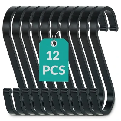 Afbeelding van 12 S haken, klein, zwart, plat, 8 cm, tot 25 kg belastbaar, roestvrije haken om op te hangen