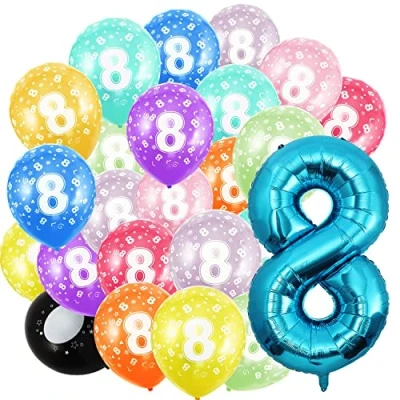Afbeelding van Verjaardagsgetallen ballon 8 jaar en 20 stuks 30 cm blauwe folieballon in 40 101 verjaardagsdecoratie cijfer decoratie voor verjaardag vliegt met helium mannen vrouwen