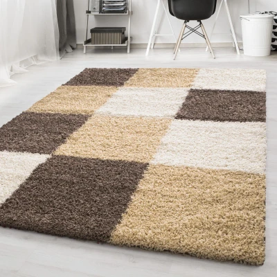 Afbeelding van Basic Shaggy Geblokt vloerkleed Bruin / Beige Hoogpolig 80x250 cm