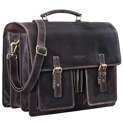 Afbeelding van STILORD &#039;Anton&#039; Aktetas Heren Leer Schoudertas Groot Vintage met Laptopvak 15,6 inch Lederen Tas Laptoptas Business Tassen Echt Leder, Kleur:donker bruin