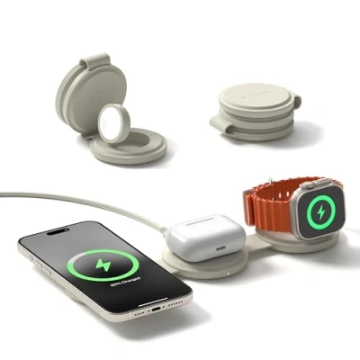 Afbeelding van SATECHI OnTheGo 3 in 1 Qi2 Reislader met 15W snelladen voor iPhone, 5W Apple Watch en AirPods, Draadloze magnetische MagSafe oplader Zand