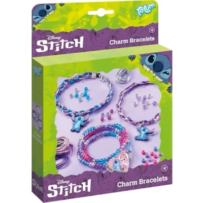 Afbeelding van Totum Disney Stitch 3 bedel armbandjes maken met kralen en hart 2 bedels wikkel vlecht technieken cadeautip creatief speelgoed