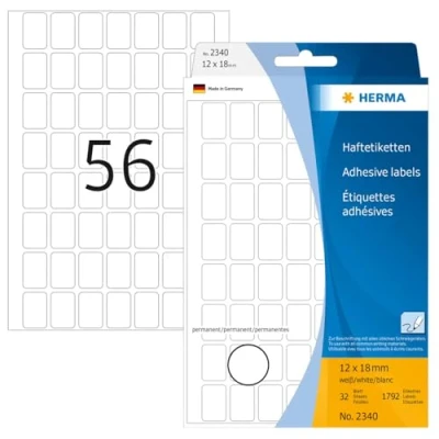 Afbeelding van HERMA 2340 multifunctionele etiketten mini (12 x 18 mm, 32 velles, papier, mat) zelfklevend, permanent klevende huishoudelabels voor handschrift, 1.792 stickers, wit