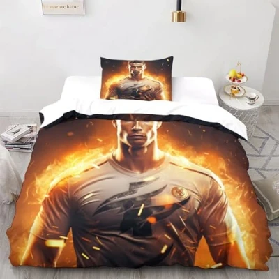 Afbeelding van LSORU Ronaldo 3D print kinderbeddenset beddengoedset, microvezel dekbedovertrekken, hemelse kwaliteit dekbedovertrek met kussensloop, eenpersoons (135 x 200 cm)