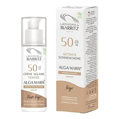 Afbeelding van Laboratoires de Biarritz Getinte zonnecrème gezicht Beige LSF50 ALGA MARIS® biologisch gecertificeerd Gehydrateerd, mat, zorgt voor een gezonde stralen 50 ml Made in France
