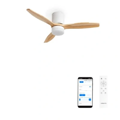 Afbeelding van CREATE Windcalm Line Plafondventilator met verlichting, wit natuurlijk hout horizontale lijnen, wifi en afstandsbediening, 40 W, Ø 132 cm, 6 snelheden, 3 lichttemperaturen, zomer wintermodus