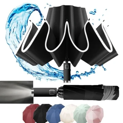 Afbeelding van Opvouwbare paraplu winddicht compact reizen, led licht, omgekeerd opvouwbaar ontwerp, waterdicht, Reflecterende rand, onderweg of golfen, mannen en vrouwen