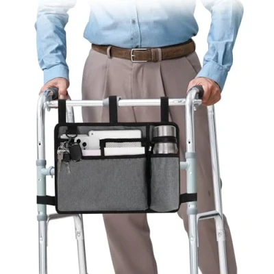 Afbeelding van supregear Accessoires Tas voor Rollator, Rolstoel, Walker Mand met Bekerhouder Senioren Caddy Bevestiging Zak Rollators, Waterbestendig Grote Capaciteit Draagtas (Grijs)