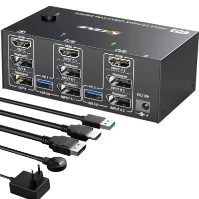 Afbeelding van Triple monitors KVM Switch 2 Displayport + HDMI, 8K@60Hz 4K@144Hz, USB 3.0 PC 3 monitor, 1.4 HDMI 2.1 voor delen Muis, Toetsenbord