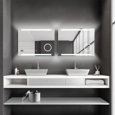 Afbeelding van Talos LED badkamerspiegel King 80 x 60 cm lichtkleur neutraal wit verlichte cosmetische spiegel met 3 voudige vergroting digitale klok rondom aluminium frame